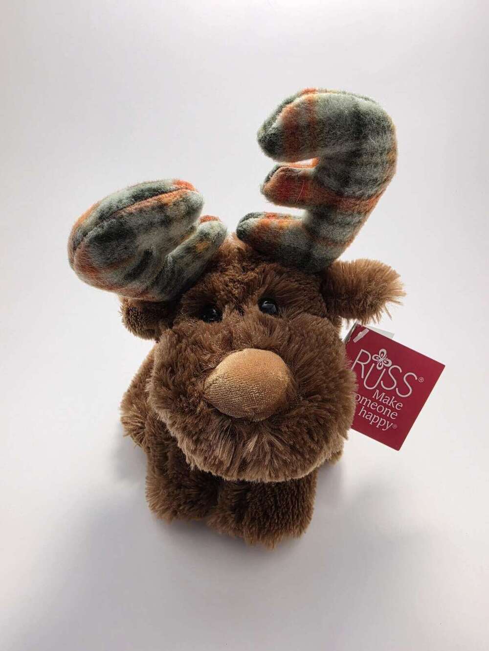 Russ Moose “Marty” the Holiday Reindeer with Plaid Antlers and Bow (8 inch)
